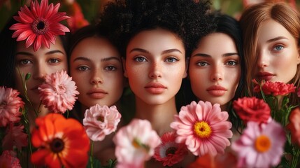 Naklejka premium Diverse group of young females surrounded by colorful flowers in nature