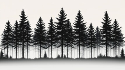 Obraz premium Silhouette forest of tall pine trees. Dark silhouettes of trees stand in dense forest. Misty scene in monochrome. Tranquil, mysterious forest landscape. Winter foggy day. Nature scene. Black, white