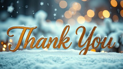 A heartfelt thank you message glimmers with warm tones surrounded by a snowy landscape, capturing the spirit of gratitude during a chilly winter day