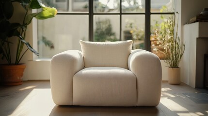 Fototapeta premium Serene Sunlight Illuminates Modern Armchair in Minimalist Living Room