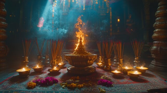 A shiv ling altar, dressed up with colorful cloth, incense sticks, and oil lamps, fosters a cozy and inviting environment