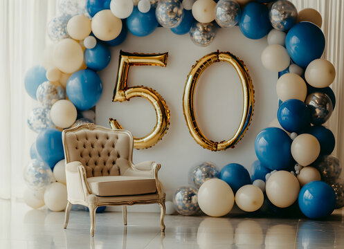 Fiftieth Birthday Celebration: Elegant Balloon Arch and Chair Setup