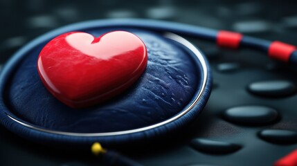 Red Heart on a Dark Blue Leather Surface: A Symbol of Love and Care