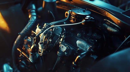 Obraz premium Close-up of a powerful car engine, showcasing intricate details and industrial design.
