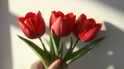 Fototapeta premium Hand holding red tulips in sunlight with soft shadows