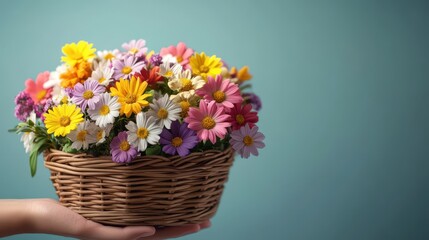 Basket of colorful flowers held by hand against teal background