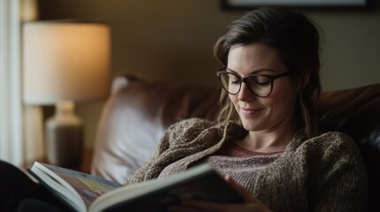 Cozy Reading Moment: A Woman Relaxing on a Couch with a Book