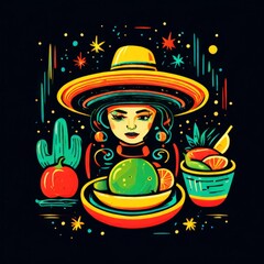 mexican woman in hat with cactus