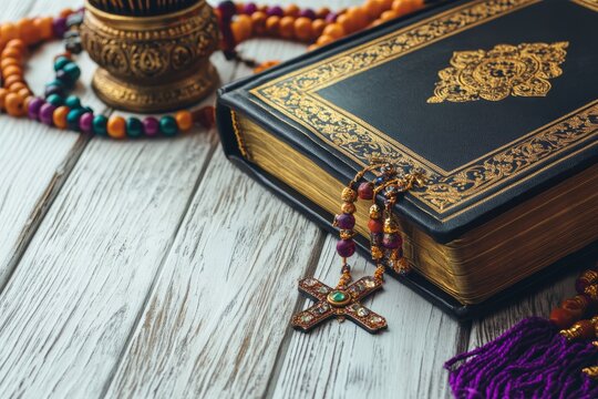 A detailed shot of the Holy Bible, rosary beads featuring a cross, and an incense burner resting on a white wooden background. It symbolizes concepts of religion and faith