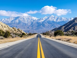 Fototapeta premium Scenic Road Leading to Majestic Snow-Capped Mountains Under Clear Blue Sky with Perfect Horizon : Generative AI