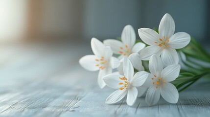 White lily flowers on wooden surface with soft lighting
