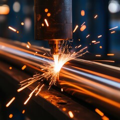 A close-up view of a laser cutting process, showing sparks and precision on metal in an industrial setting.