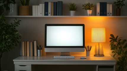 A cozy workspace featuring a computer, lamp, and plants, creating a productive and inviting atmosphere for work or study.