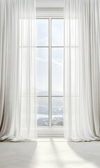 Fototapeta premium Serene View Through Sheer Curtains: A Breathtaking Panorama