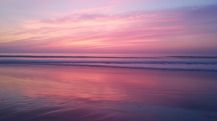 Fototapeta premium Serene Sunset Beachscape: Pink Hues at Twilight