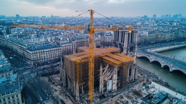 Notre dame cathedral reconstruction with crane overlooking paris cityscape