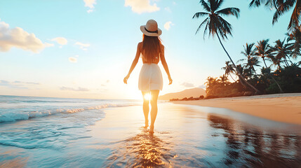 Woman in big white hat walking barefoot on sand on seashore on paradise island. Girl runs along tropical beach, ocean waves in background, enjoying summer vacation vibes. Travel concept. Copy space