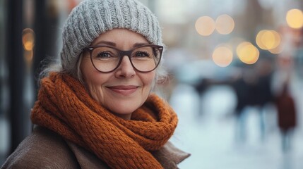 Elderly woman smiling in winter atmosphere with warm clothing and glasses