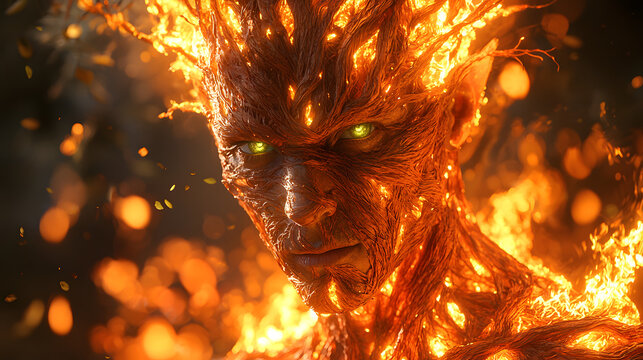 Fiery humanoid with burning wood texture, intense gaze.