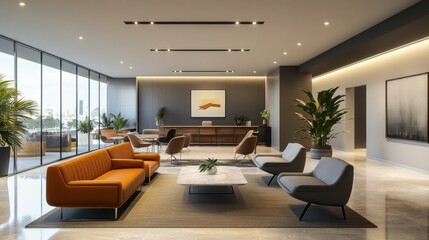 Fototapeta premium Modern office lobby with orange sofa, grey chairs, and city view.