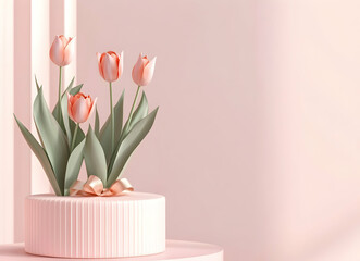 Obraz premium Elegant Pink Tulips on a Pastel Cake Stand