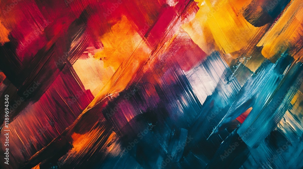 Poster vibrant abstract painting with bold red orange yellow and blue brushstrokes displaying creative expr