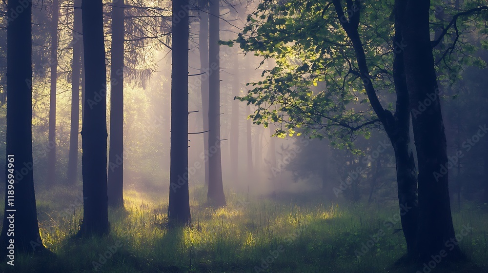 Poster serene misty forest landscape with sunlight filtering through tall trees in tranquil woodland : gene