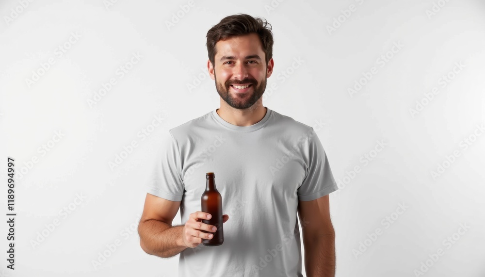 Poster man presenting a bottle mockup with a plain white background