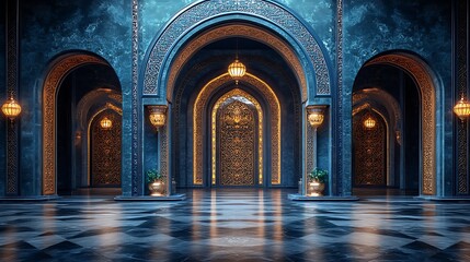 Fototapeta premium Luxurious ornate hall with arches, gold detailing, and marble floor.