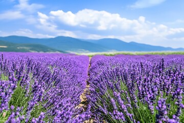 Fototapeta premium Lavender fields in full bloom set against serene mountains and blue sky : Generative AI