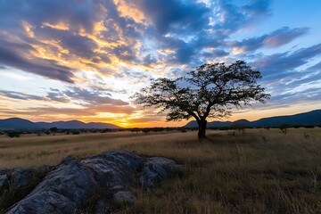 Obraz premium Serene Sunset Over African Savanna with Lone Tree and Mountains Landscape : Generative AI