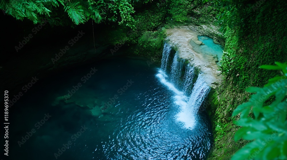 Poster majestic waterfall with deep blue pool surrounded by lush greenery in tropical setting : generative 
