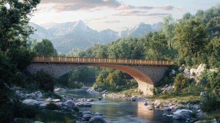 Fototapeta premium Stone bridge over tranquil river with mountain views and lush greenery