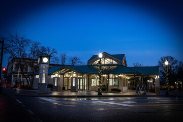 City lights in front of Madison County Transit Station in Edwardsville, Illinois, captured in the early morning hours before sunrise.