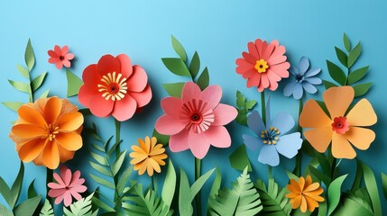 Colorful paper flower art on blue background with lush green leaves