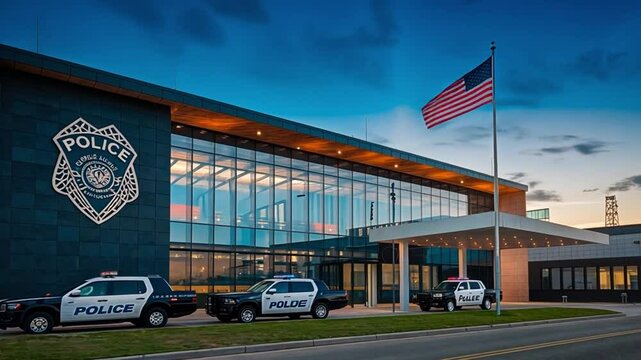 Modern police station exterior with a large police badge symbol, official vehicles parked outside, and a flagpole flying the national flag.