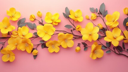 Bright yellow flowers with green leaves on pink background