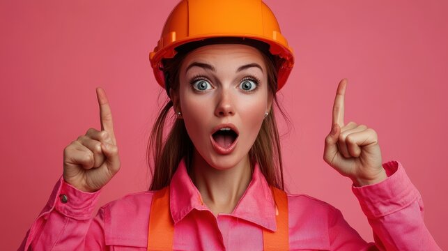 Surprised young female engineer in pink outfit with orange hard hat against pink background
