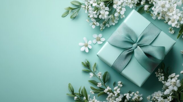 Elegant gift box with satin ribbon and flowers on turquoise background