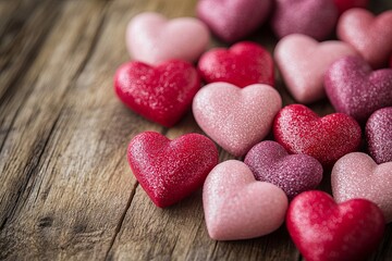 Obraz premium Close-up of red and pink hearts placed on a rustic wooden table, soft diffused light in the background, background, pastel color palette, Valentine's Day, copy space
