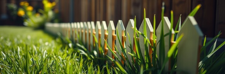 Picket fence with lush green grass in sunlit backyard