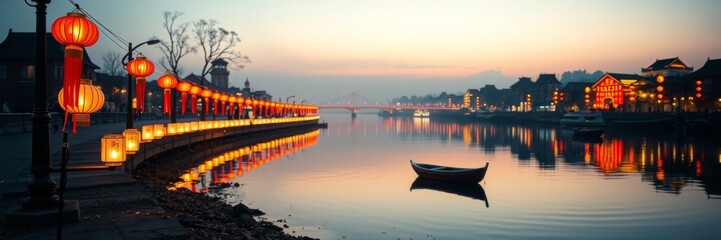 Chinese lanterns illuminating serene waterfront cityscape at dusk with lone boat against tranquil reflection