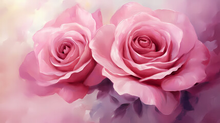 Obraz premium Two pink roses hand painted texture. blooms with sepal closeup. original oil painting. Seapearl. Illustration