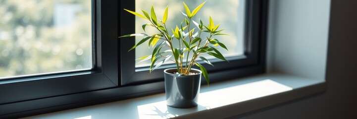 Small potted plant with vibrant green leaves on sunlit windowsill against blurred outdoor background