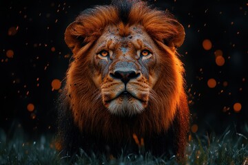 Naklejka premium A majestic lion with a fiery mane, set against a dark, atmospheric backdrop.