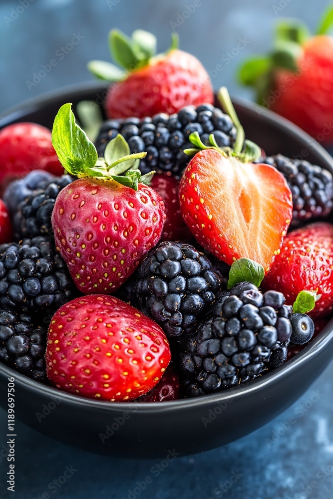Poster fresh strawberries and blackberries in a bowl on a rustic blue background : generative ai