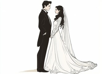 Fototapeta premium Elegant young couple in wedding attire, the man in a black tuxedo and the woman in a white wedding dress, standing together on a pastel background.