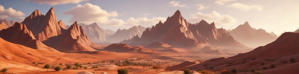 Earthy terracotta landscape with distant sunlit mountains , mountain range, soft hues