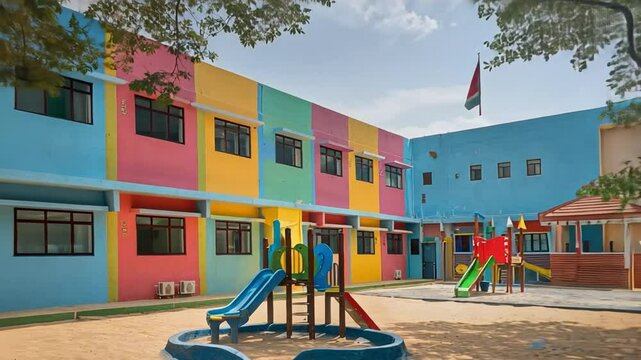 School Building: Primary school exterior with colorful walls, a playground in front.