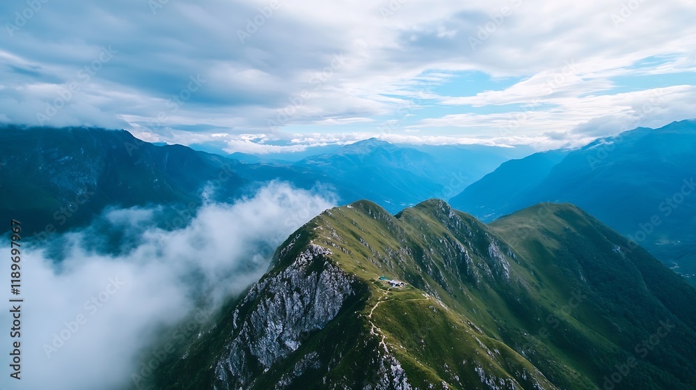Poster stunning aerial view of mountain peaks surrounded by misty clouds under expansive sky : generative a